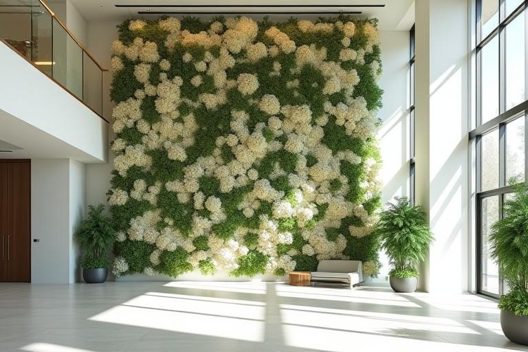 Stor blomsterinstallation i en företagsreception.